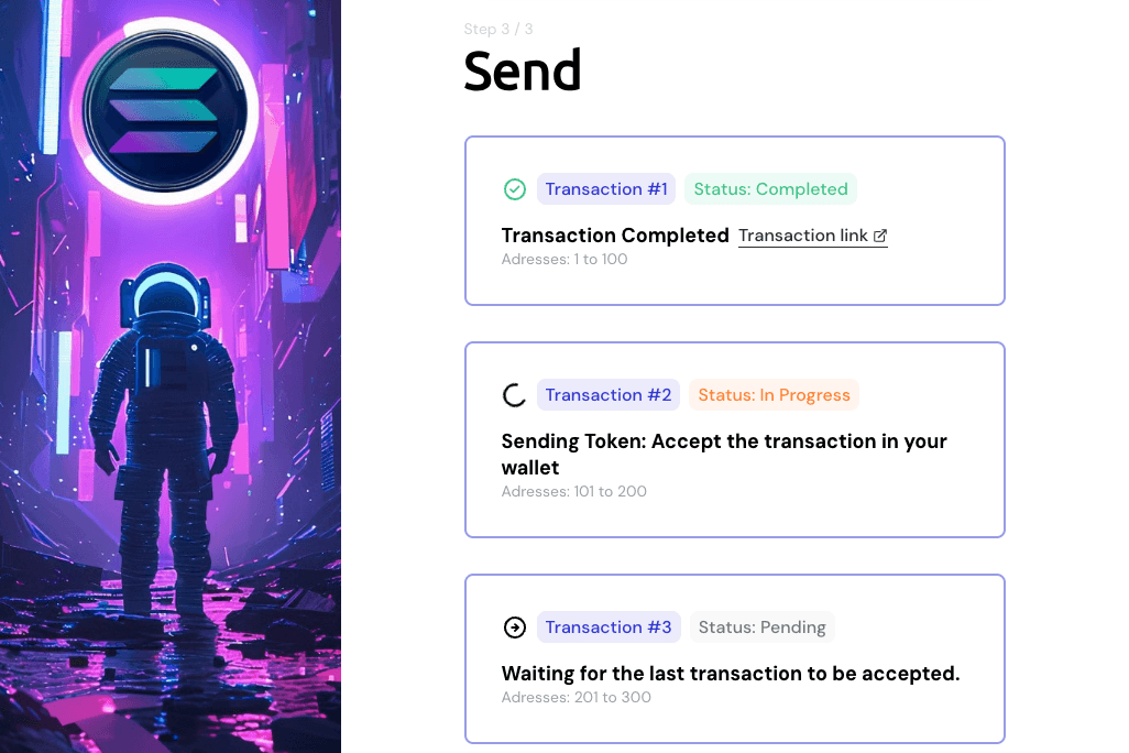 Successful Solana batch transfer with completed transaction cards